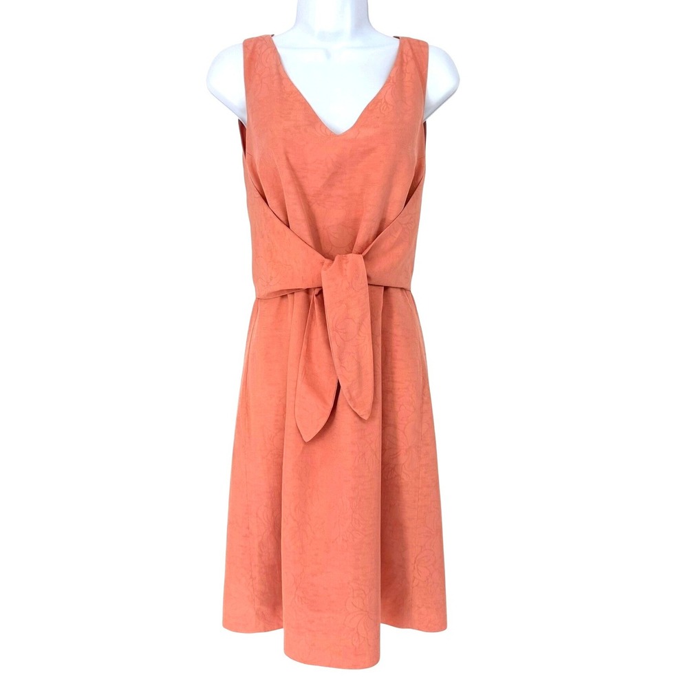 Tommy Bahama Coral 100% Silk Floral Jacquard V-Neck Tie Front Dress Size 6